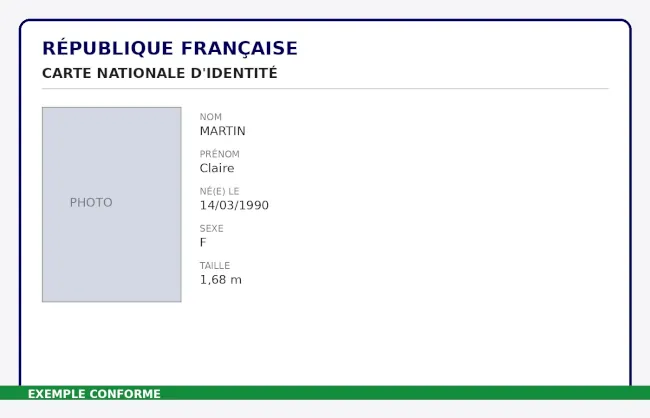 Exemple de carte d'identité conforme : nette, entière, sans reflet